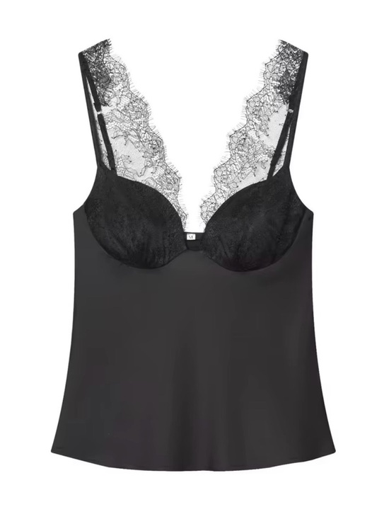 Other - NWT Lace Camisole Top Black Slip With Plunging Lace Cups + Straps Silk Zara Like